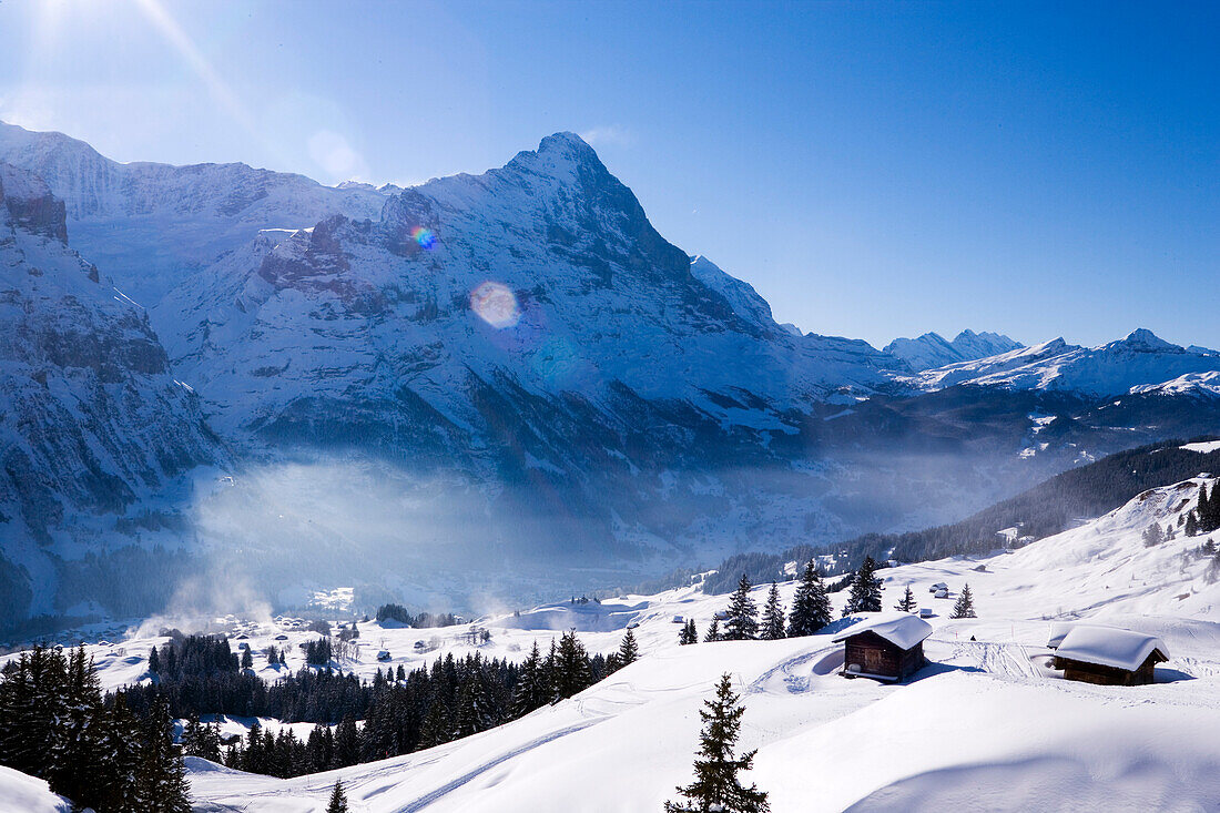 Snow covered alpine huts, First, Grindelwald, Bernese Oberland, Canton of Bern, Switzerland