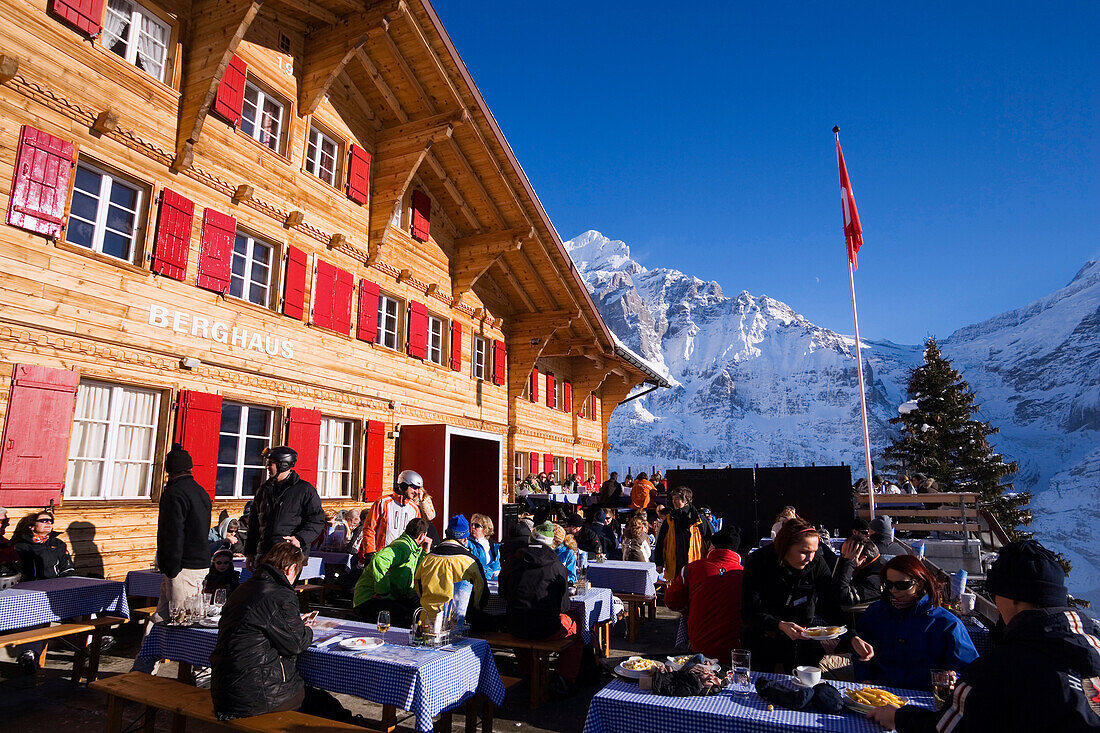 Guests at the mountain restaurant Bort, First, Grindelwald, Bernese Oberland, Canton of Bern, Switzerland