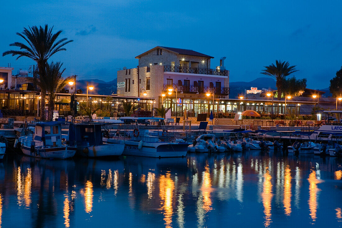 Latsi harbour at night with boats, Latsi, near Polis, South Cyprus, Cyprus