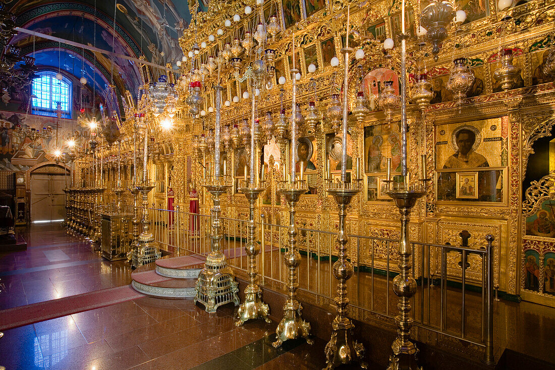 Golden Iconostasis in Kykkos monastery, church, Troodos mountains, South Cyprus, Cyprus