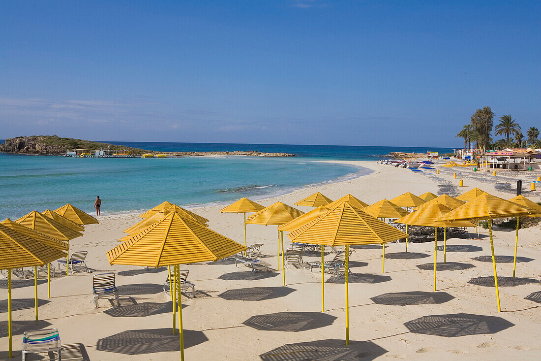 Nissi beach with sunshades, Agia Napa, South Cyprus, Cyprus