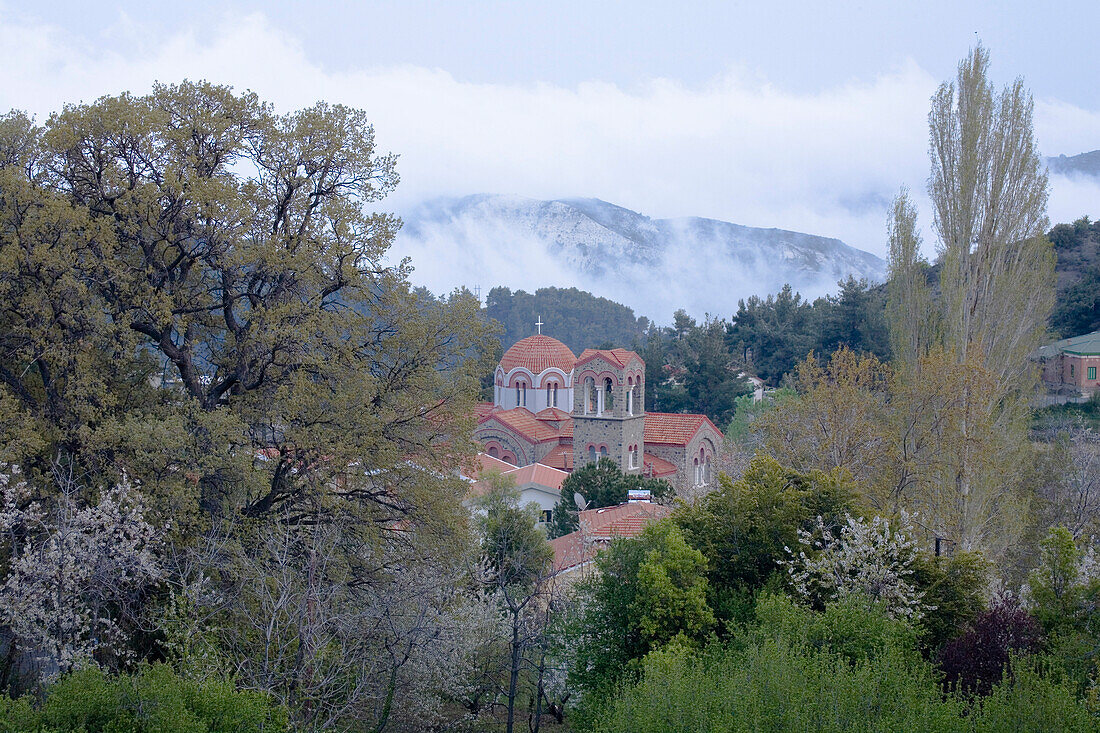 Gebirgslandschaft mit Kirschblüten und Kirche, Pano Platres, Troodos Gebirge, Südzypern, Zypern
