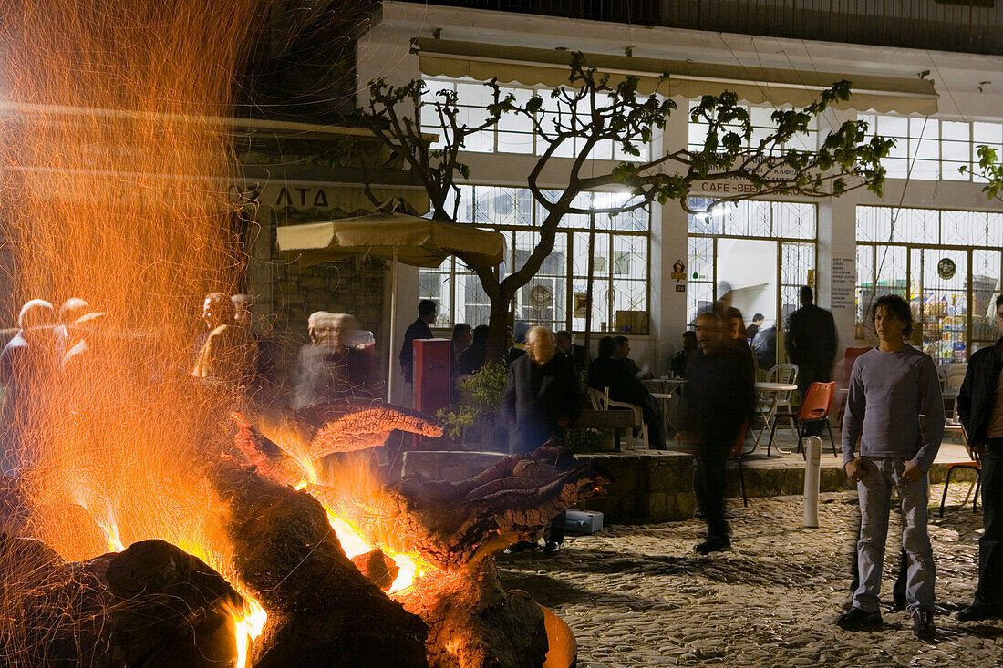 Easter fire at Omodos monastery, Omodos, Troodos mountains, South Cyprus, Cyprus