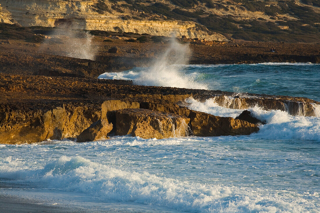 Surf on the beach, Coastal landscape, Akamas Nature Reserve Park, South Cyprus, Cyprus