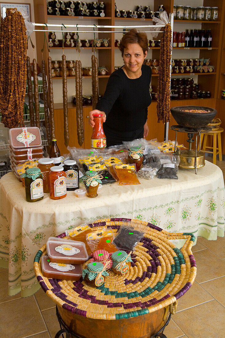 Delicatessen shop, Niki's traditional marmelades, jams and sweets, Agros, Pitsilia region, Troodos mountains, Cyprus