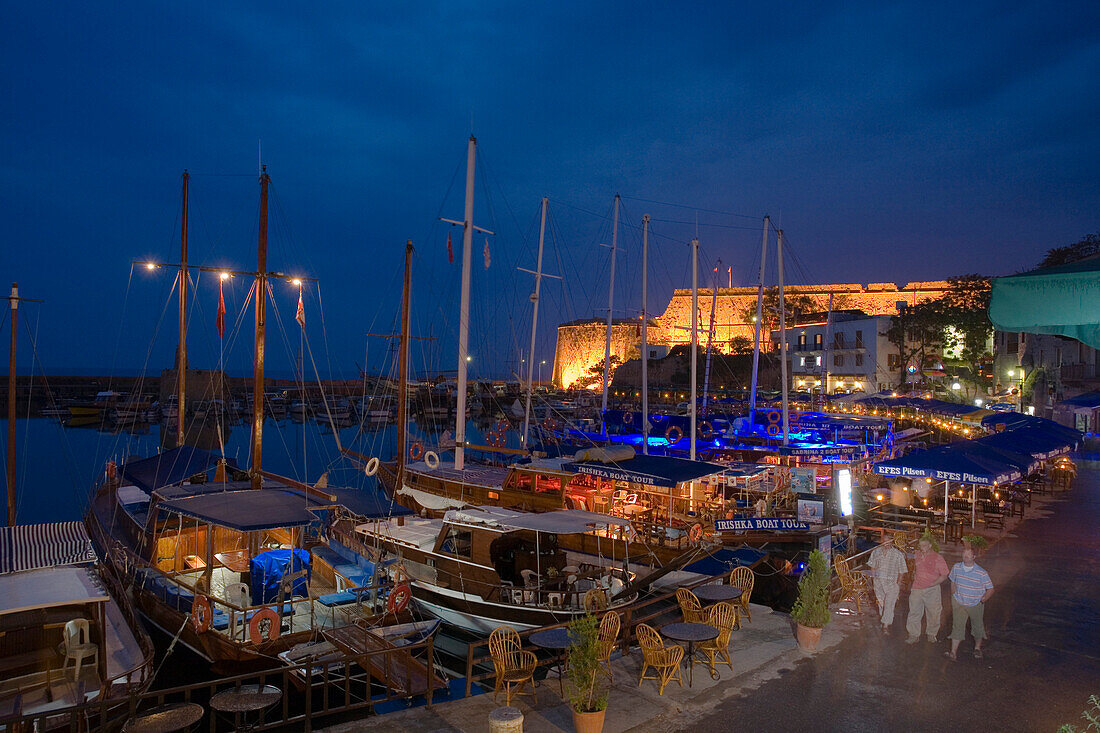 Kyrenia harbour and Kyrenia castle at night, Kyrenia, Girne, North Cyprus, Cyprus