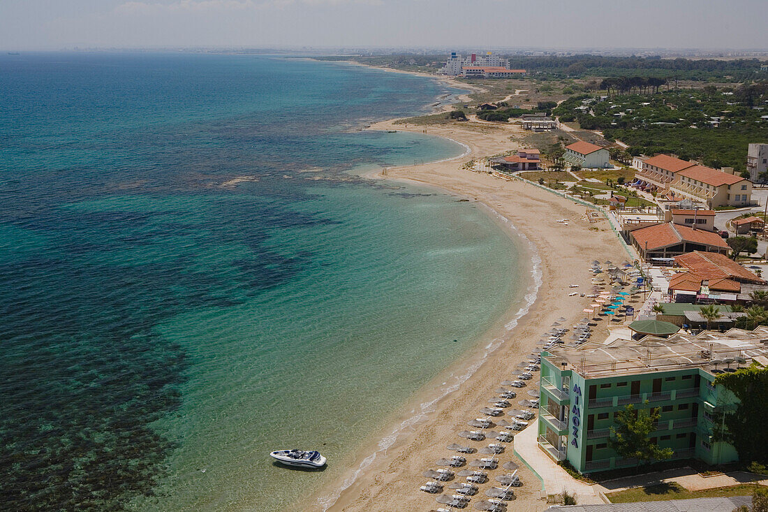 View from Salamis Bay Hotel towards Mimoza Beach Hotel, beach, Salamis, North Cyprus, Cyprus