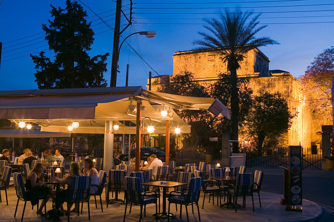 People in a restaurant near Limassol castle in the evening, Limassol, South Cyprus, Cyprus