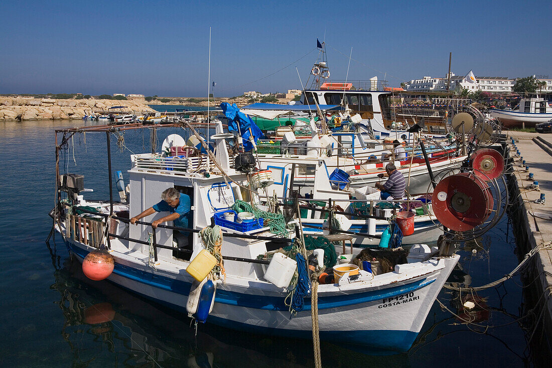 Fishing boats in the harbour, Corallina beach, Coral Bay, Paphos area, South Cyprus, Cyprus