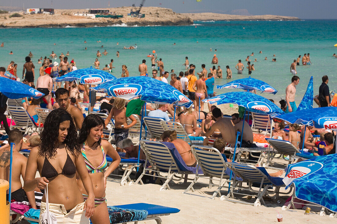 People sunbathing on the beach, Nissi beach, Agia Napa, South Cyprus, Cyprus