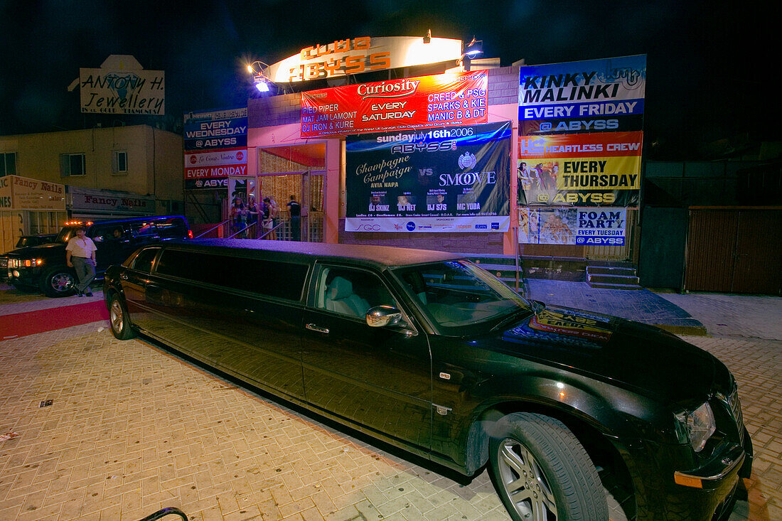 A stretch limousine parked in front of the Abyss disco, nightlife, Agia Napa, South Cyprus, Cyprus