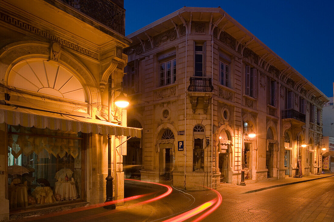 Shops in the Old Town at night, Agkyras Street, Lemesos, Limassol, South CyprusCyprus