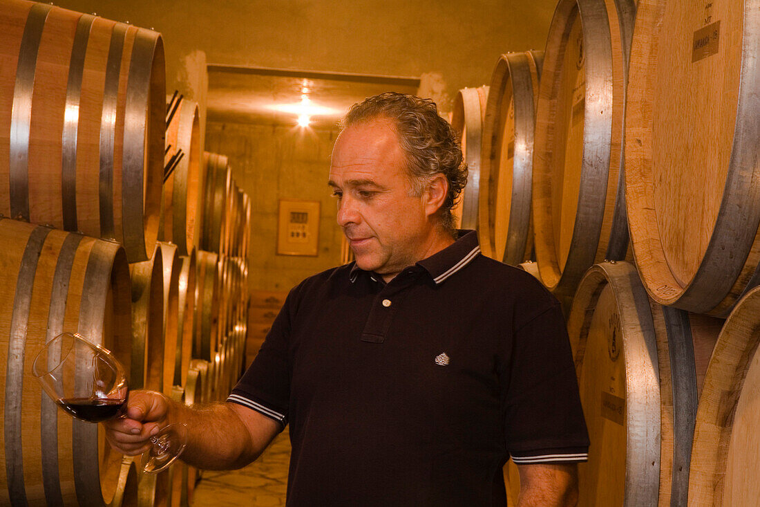 Mann, Geschäftsführer Tsiakkas Weingut, bei der Weinprobe, Pelendri, Pitsilia Gebirge, Südzypern, Zypern