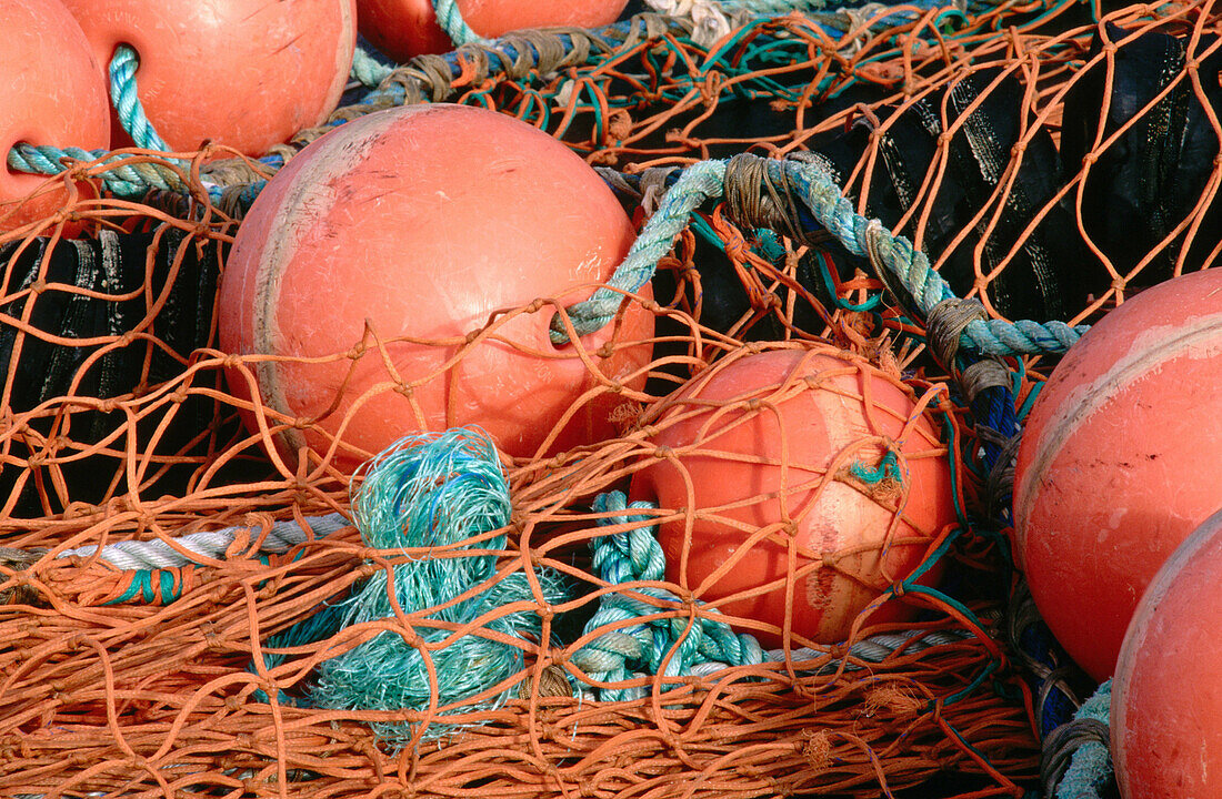 Fishing net with orange buoys. Charleston boat basin. Oregon. USA