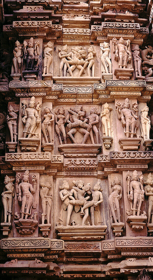 Mahadev Temple: View from left hand wall. Architecture, Khajuraho, India