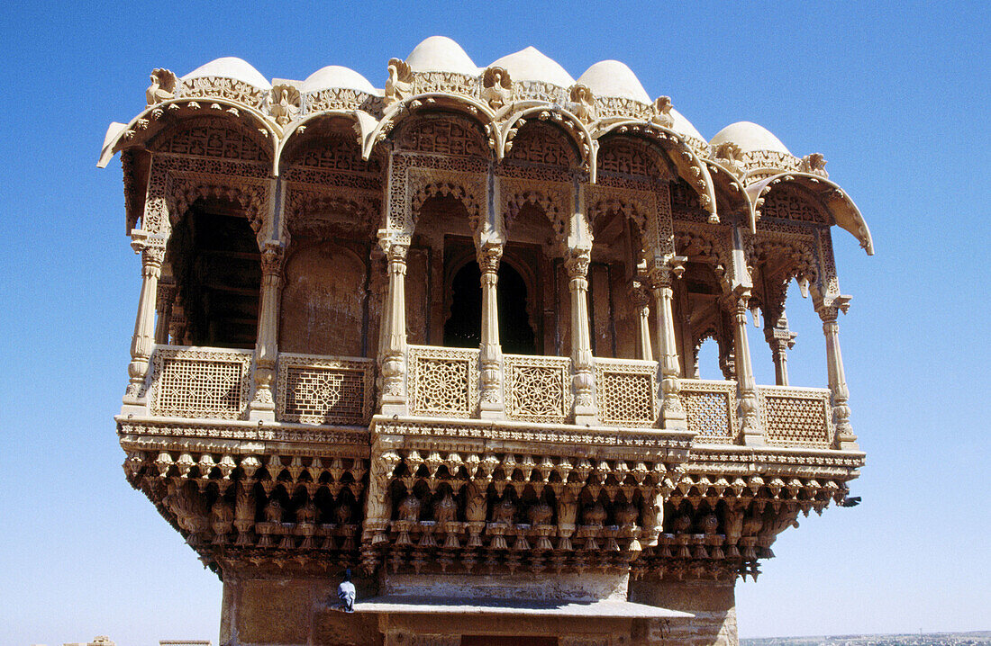 A gallery of the Diwan Nathmal ki Haveli in Jaisalmer. Rajasthan, India.