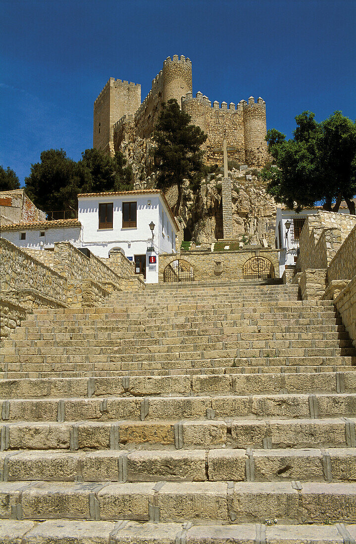 Stairs. Old town. Medieval castle. Almansa. Castilla la Mancha. Albacete. Spain.