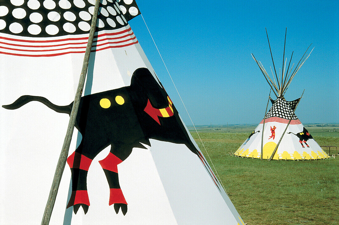 Indian tepees. Head smashed in buffalo jump. Alberta. Canada