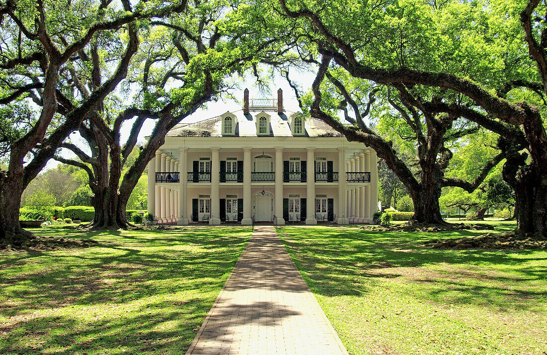 Oak Alley Plantation home with live oaks trees in rural Louisianna, USA