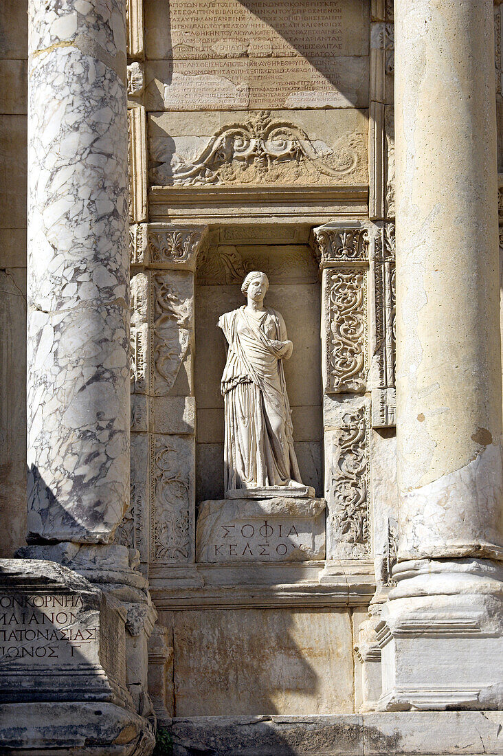 Detail of the exterior of the Celsus Library in Ephesus, Turkey.