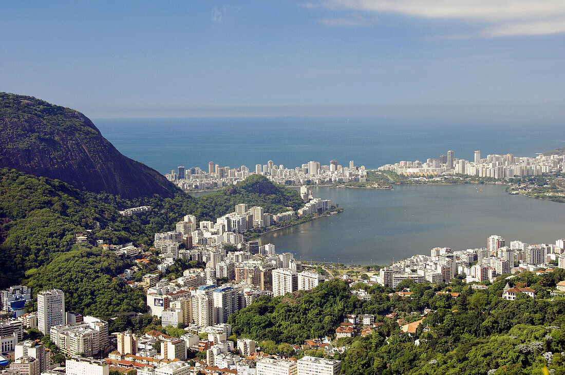 Views of Ipanema, Rodrigo de Freitas Lagoon and the Rio De Janeiro skyline from Corcovado, Brazil