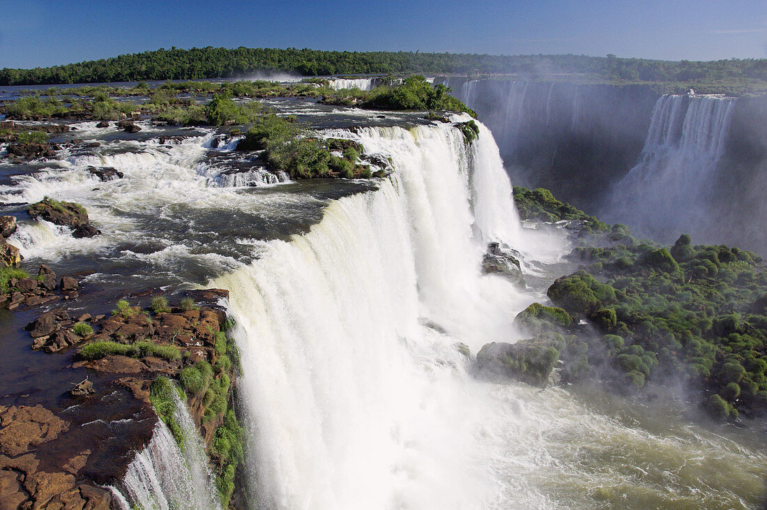 The Iguassu Falls and the Iguassu river gorge as viewed from the Brazilian side.
