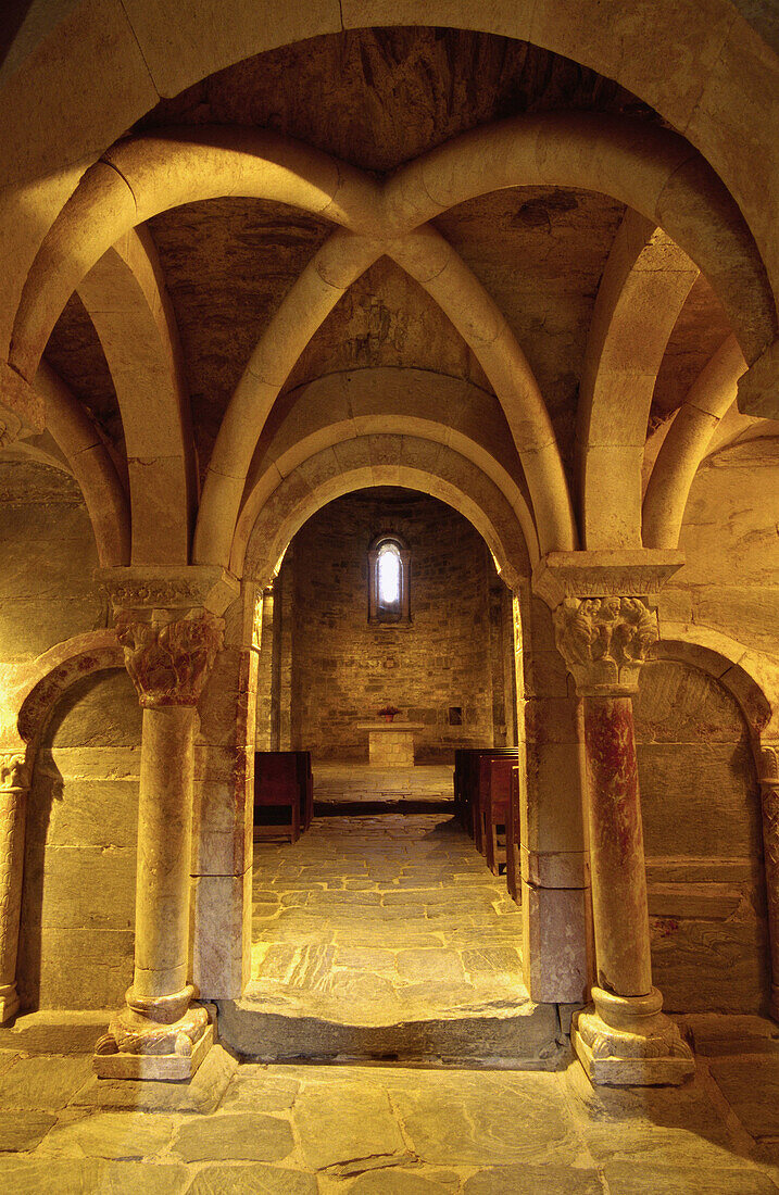 Romanische Galerie aus rosafarbenem Marmor. Innenraum des Klosters Serrabone, 11. Jahrhundert. Pyrenäen-Orientales. Languedoc-Roussillon. Frankreich