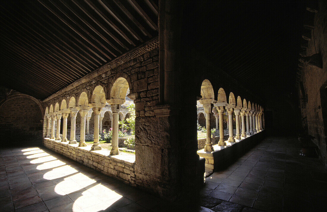 Cloister. Romanesque cathedral of San Vicente. Roda de Isábena. (Romanesque XIIth century). Isábena valley. Pirineo Aragonés. Huesca province. Spain.