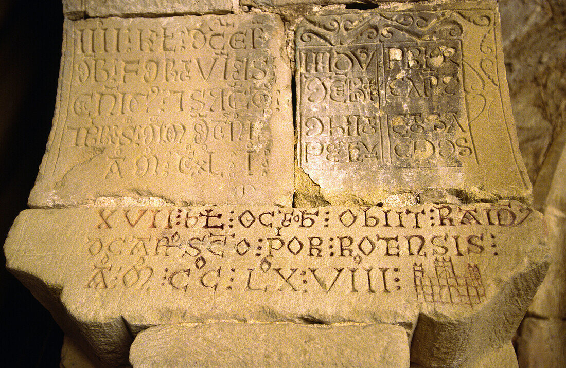 Mortuary epigraph. Romanesque cathedral of San Vicente. Roda de Isábena. (Romanesque XIth century). Isábena valley. Pirineo Aragonés. Huesca province. Spain.