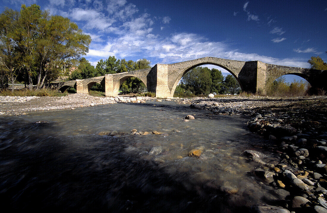 Romanesque bridge. Isabena river. Capella. Isábena valley Ribagorza. Huesca province. Aragon. Spain.