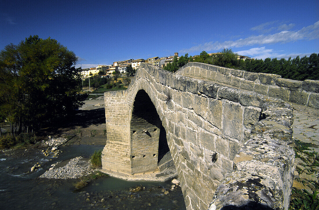 Romanesque bridge. Isabena river. Capella. Isábena valley Ribagorza. Huesca province. Aragon. Spain.