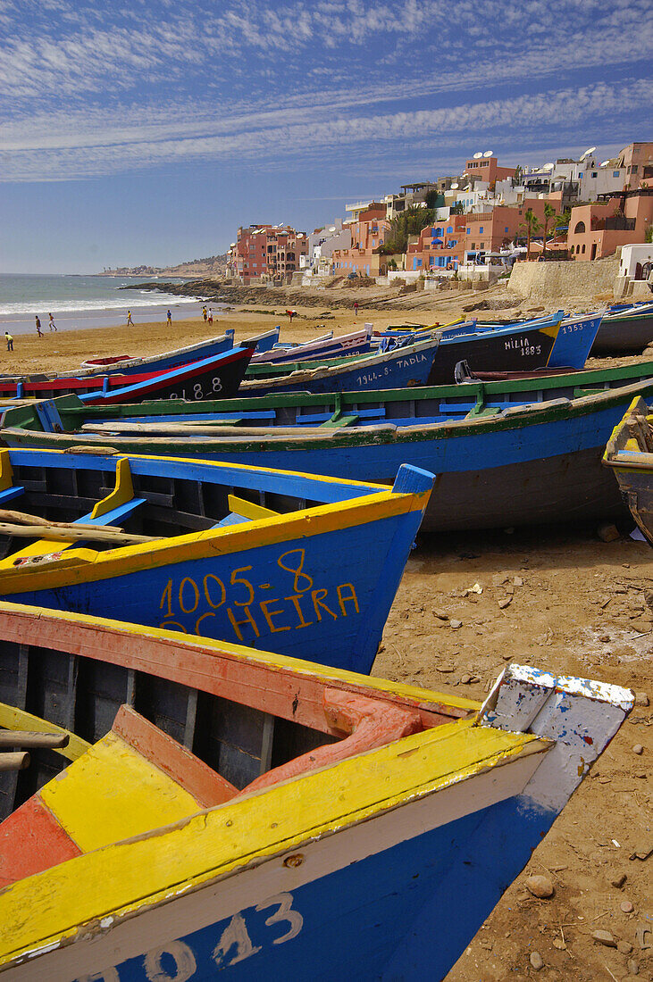 Boote am Strand. Taghazout. Marokko