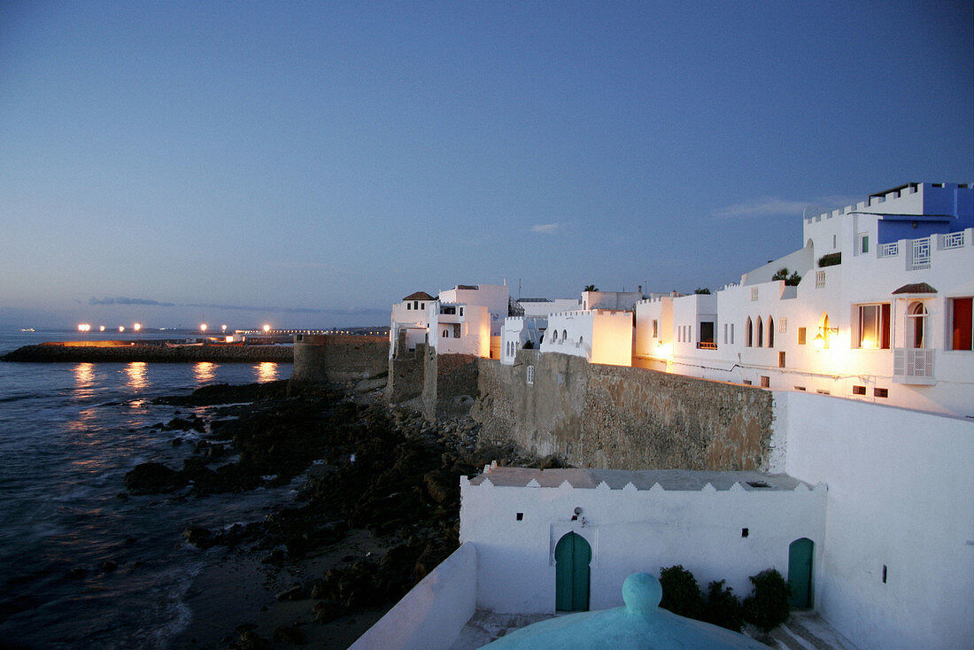 Night view of the city walls. Asilah, Morocco.