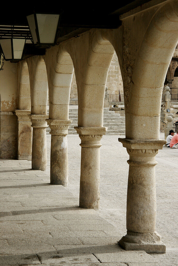 Stone columns and arches, Main square de Trujillo. Cáceres, Extremadura. Spain.