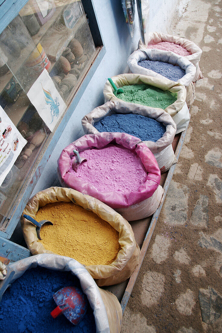 Dyes in a shop, Chefchaouen. Morocco