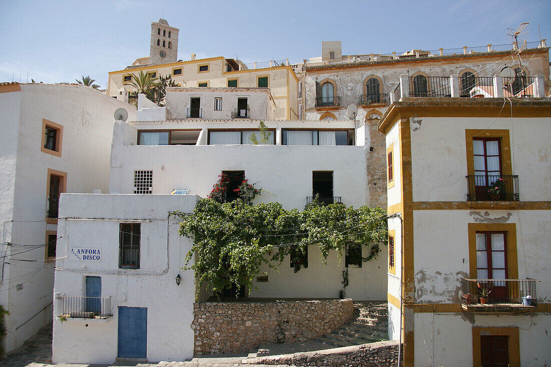 Streets and cathedral. Ibiza, Balearic Islands. Spain