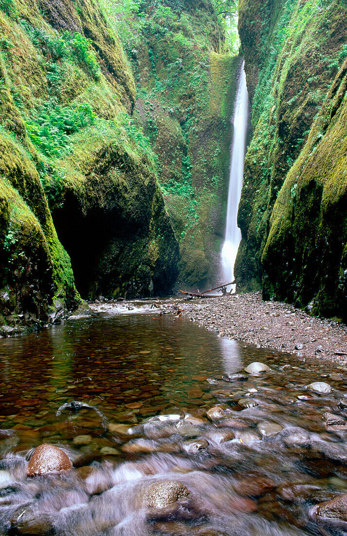Water flows past the rocks below Oneonta Falls in the Columbia River Gorge. Oregon. USA