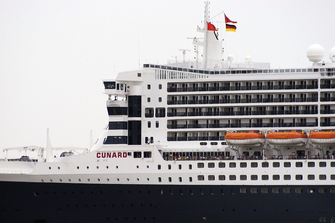 Queen Mary 2 on the Elbe River departing Hamburg. Germany