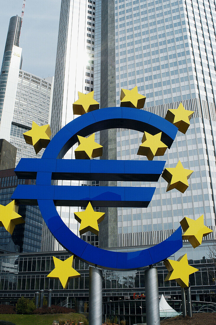 Euro sign and European Central Bank (ECB). Frankfurt am Main. Hessen. Germany