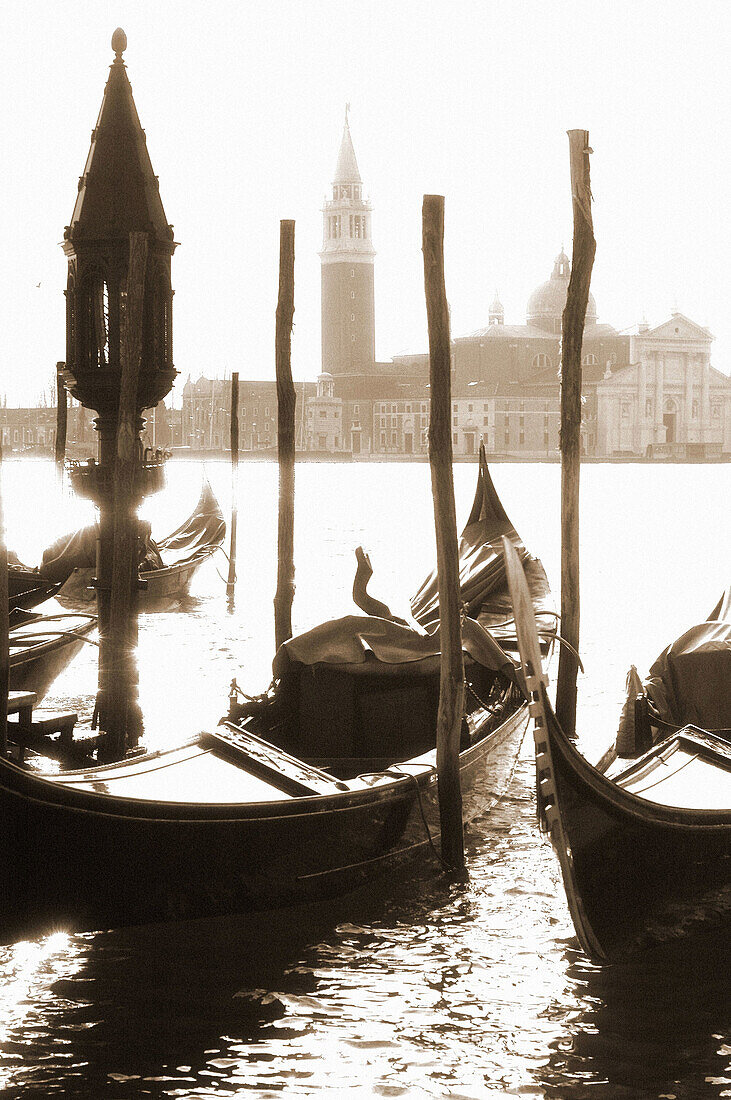 Gondolas at St. Mark s pier with San Giorgio Maggiore church in background. Venice. Italy
