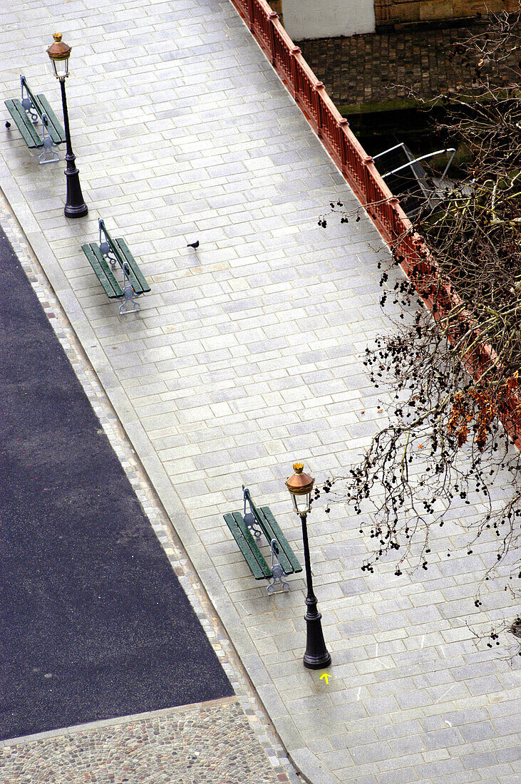 Aerial view of lamp posts and benches. Paris. France
