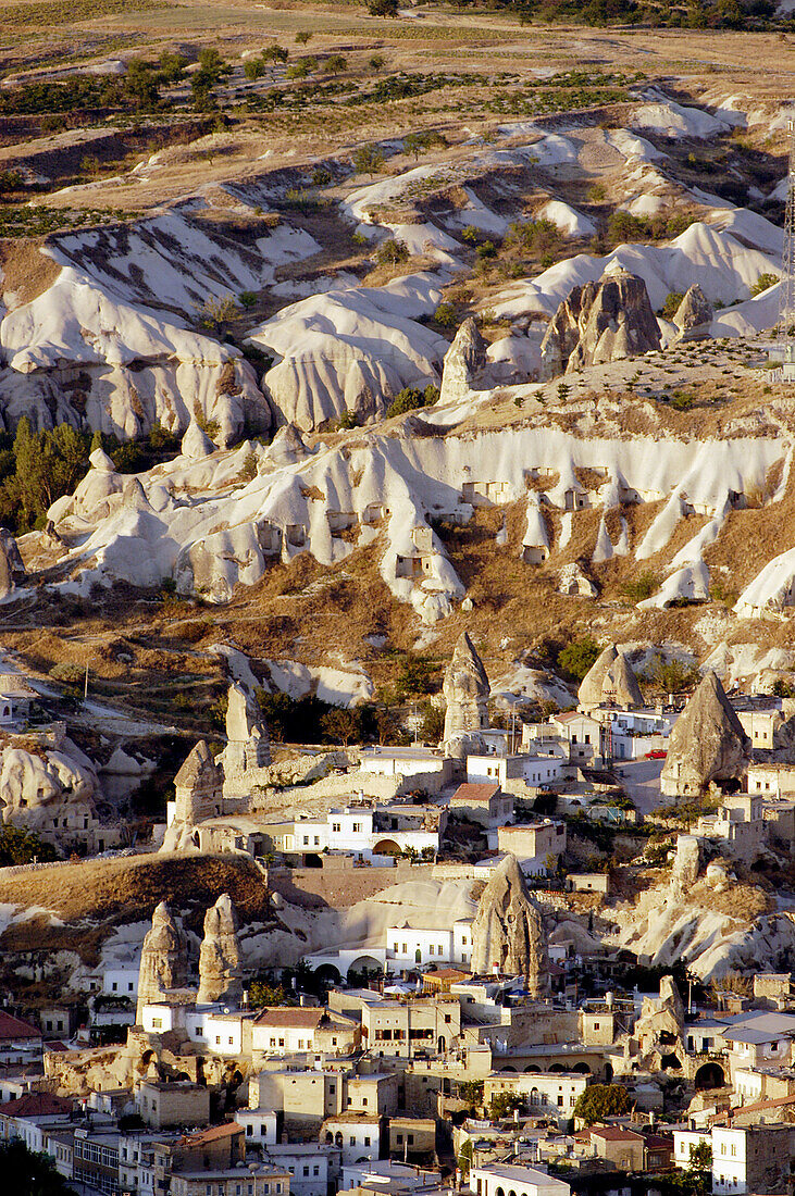 Aerial view of landscape with fairy chimney formations near Göreme, Cappadocia. Turkey.
