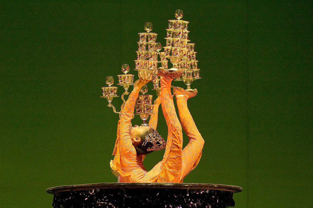 Contortionist in a performance of Chinese Acrobats. Beijing. China