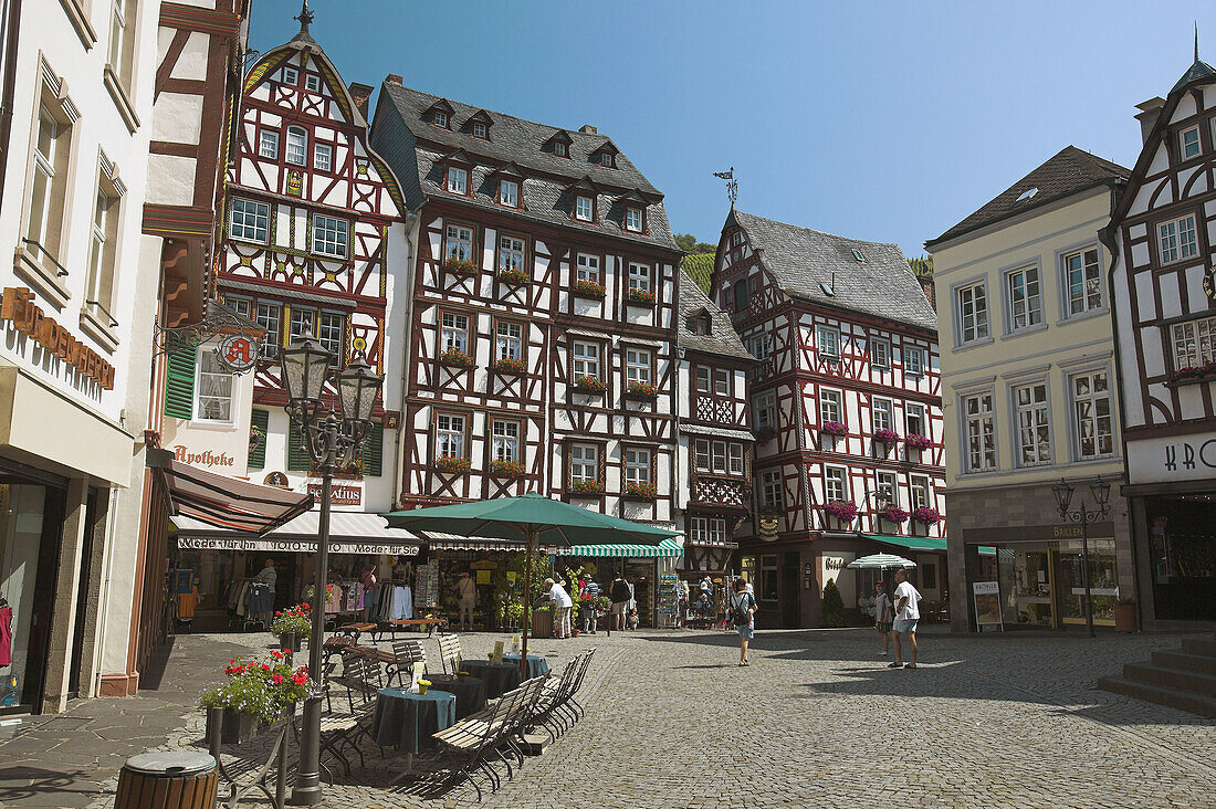 Half-timbered houses of historic market square in the city center. Bernkastel. Moselle River Valley. Germany