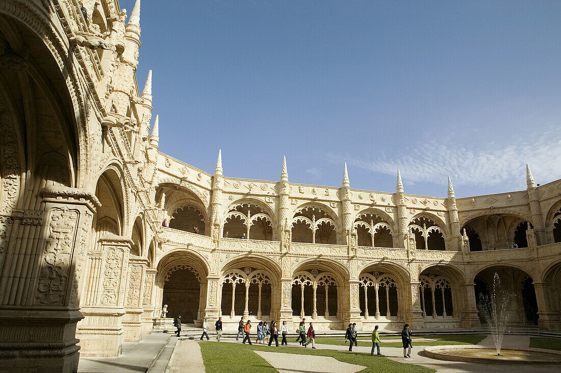Gothic architecture of interior courtyard of the Monastery of St Jeronimo (Hieronymite Monastery) in Belem. Lisbon. Portugal