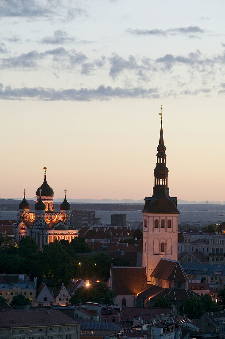 City skyline at dusk with St Nicholas Church and Alexander Nevski Cathedral. Tallinn. Estonia