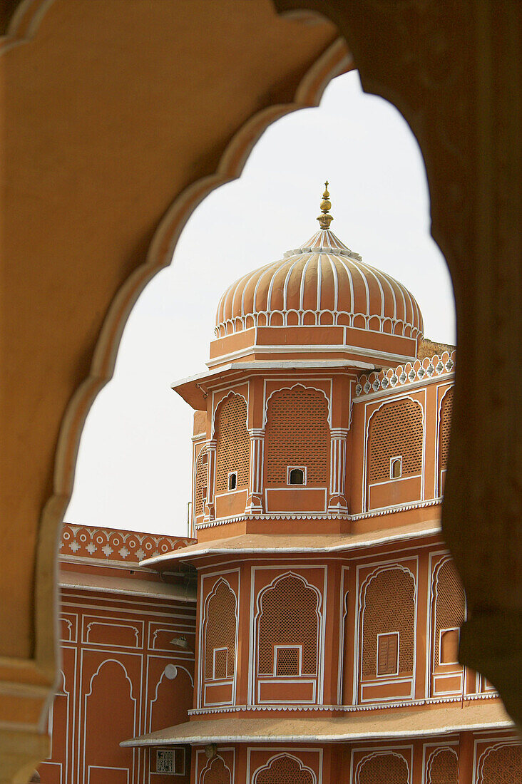Detail of pink sandstone architecture of the City Palace. Jaipur. Rajasthan. India