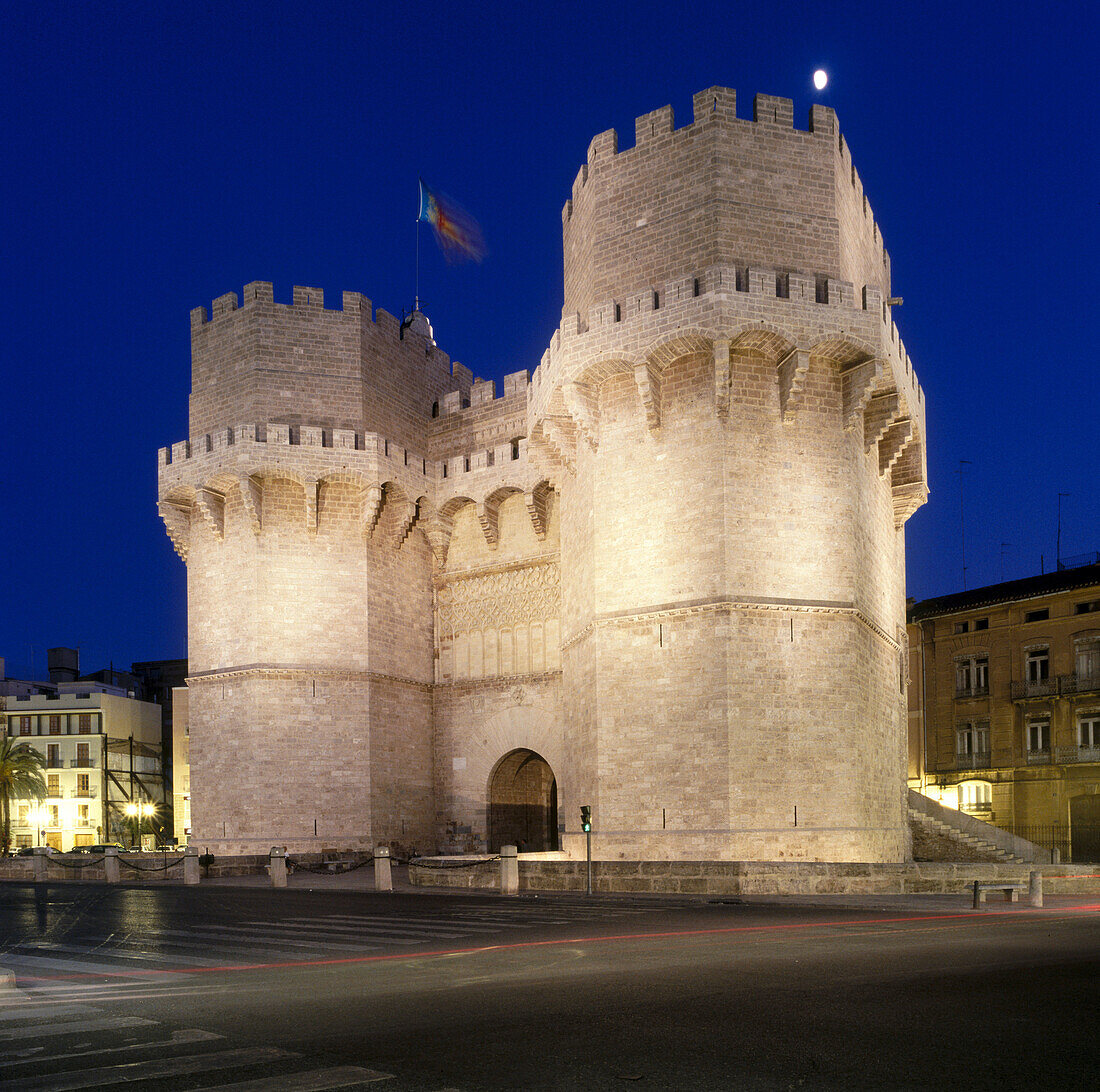 Torres de Serranos, part of the old city walls built in the 14th century. Valencia. Spain