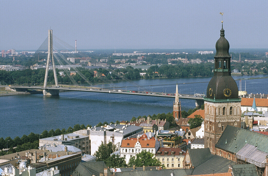 Vansu bridge over Daugava river, Cathedral tower at left. Riga. Latvia