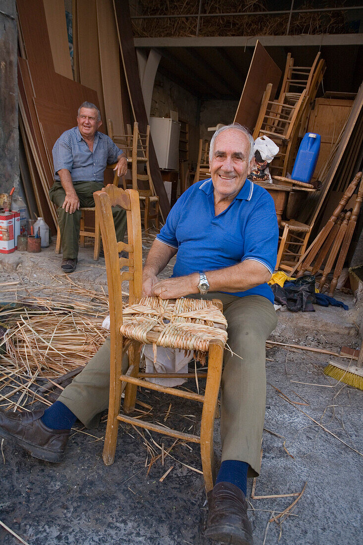 Local man making a wicker chair, Craftsman, Larnaka, South Cyprus, Cyprus